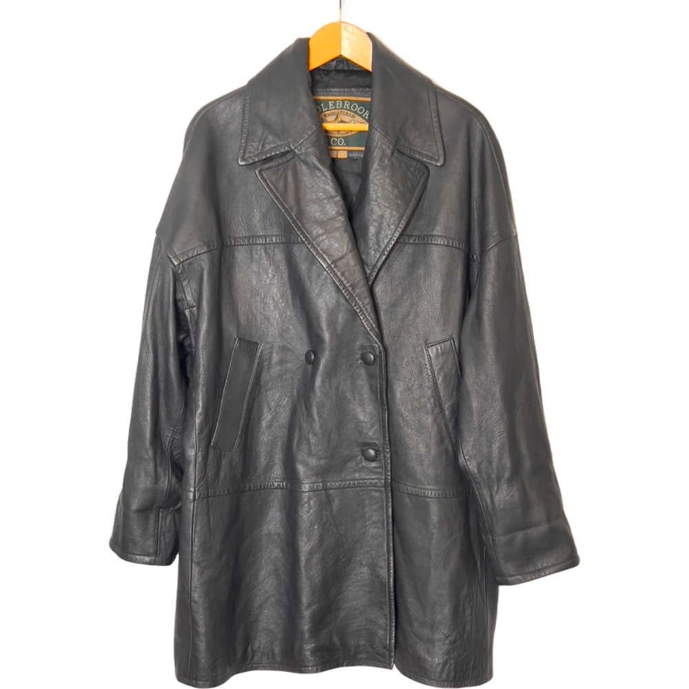 Vtg COLEBROOK CO. Black Genuine Leather Collared Button Up Long Jacket Coat M